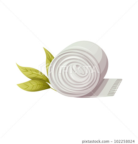 Rolled up bath towel. Side view. Twig with green leaves. The concept of spa, relaxation. Cartoon 102258024