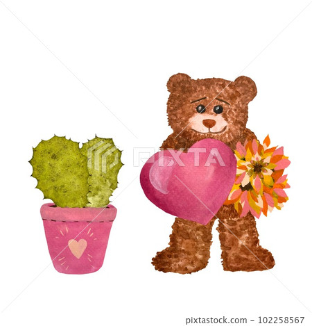 Valentine cactus bear heart flower a watercolor Valentine cactus bear heart flower a watercolor 102258567