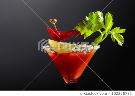 Bloody Mary cocktail with celery, lime, and red pepper. 102258785