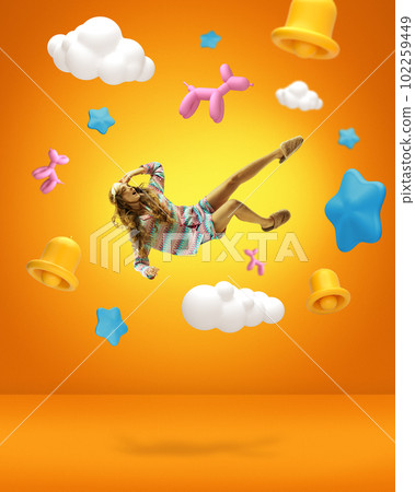 Contemporary art collage with young sleepy girl, woman in pajama levitating among clouds suffering insomnia on orange background. Restless, sleepiness 102259449