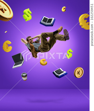 Contemporary art collage with man levitating among money, coins wants to be rich on violet background. Desire to be millionaire 102259451