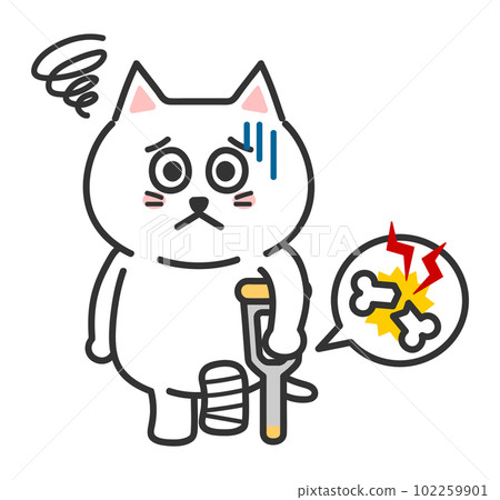 Anthropomorphic illustration of a cat with a broken leg 102259901