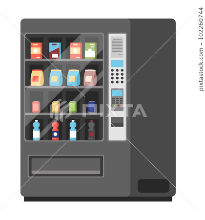 Realistic black vending machine with steel body and electronic control panel on white background Realistic black vending machine with steel body and electronic control panel on white background 102260744