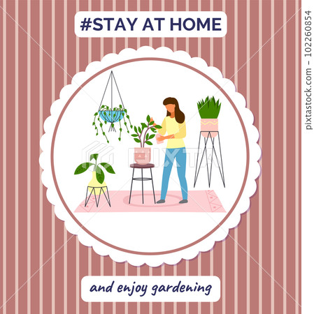 Stay at home and enjoy gardening, woman caring for plants, decorative garden, ecological hobby 102260854