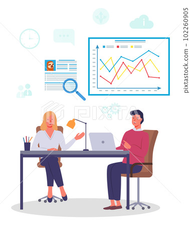 Office meeting business people discussing indicators. Woman makes a presentation to colleague 102260905