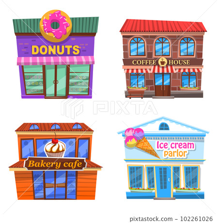 Cafe collection, donuts, coffee house, bakery cafe, ice cream parlor, different public places 102261026