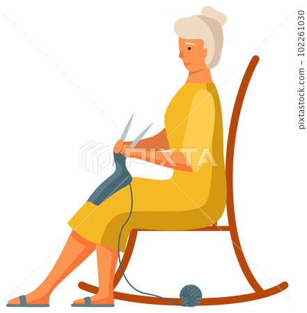 Elderly woman knitting hand made scarf isolated on white background. Person works with threads Elderly woman knitting hand made scarf isolated on white background. Person works with threads 102261030