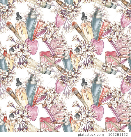 Seamless pattern cosmetic oil, cream, stone massager gua sha, flower isolated on white. Watercolor handrawn illustration 102261152