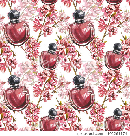 Seamless pattern glass perfume bottle with branch pink flowers isolated on white. Watercolor hand drawing illustration 102261174