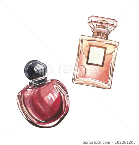 Red and golden glass perfume bottles isolated on white background. Watercolor hand drawing illustration. Art for design Red and golden glass perfume bottles isolated on white background. Watercolor hand drawing illustration. Art for design 102261205