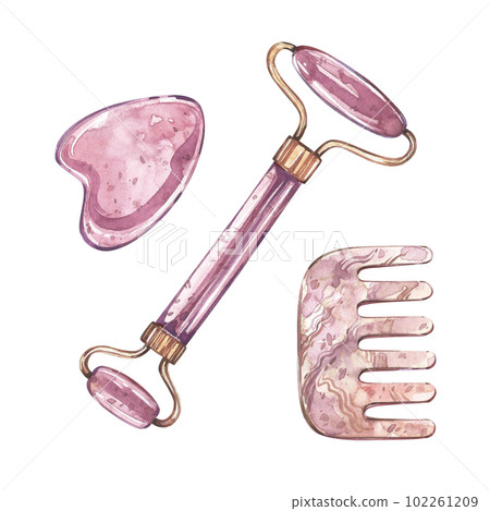 Set stone rose quartz massager gua sha isolated on white background. Watercolor hand drawn illustration. Art for design Set stone rose quartz massager gua sha isolated on white background. Watercolor hand drawn illustration. Art for design 102261209
