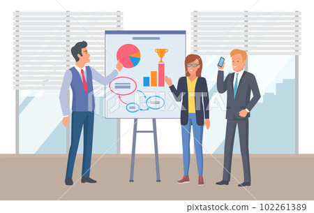 People are working and analyzing information. Staff standing near the graph on the poster 102261389