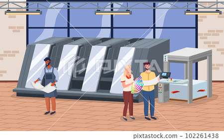 Printing house equipment. Printer plotter, offset cutting machines, man and woman workers Printing house equipment. Printer plotter, offset cutting machines, man and woman workers 102261438