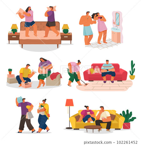 Life of a young couple, set of scenes from everyday household chores, cleaning the house and rest Life of a young couple, set of scenes from everyday household chores, cleaning the house and rest 102261452