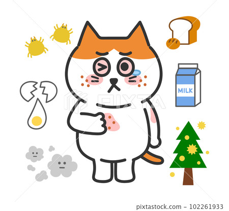 Anthropomorphic illustration of a brown-white cat with severe allergic symptoms 102261933