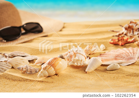 Summer time vacation concept. Straw hat, seashells on the sand beach and sea background Summer time vacation concept. Straw hat, seashells on the sand beach and sea background 102262354