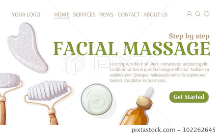 Facial massage template for website. Gua sha scraper and rollers, oil serum, cream. Love your skin. Health and beauty. Vector illustration. For banner, poster, advertising. Facial massage template for website. Gua sha scraper and rollers, oil serum, cream. Love your skin. Health and beauty. Vector illustration. For banner, poster, advertising. 102262645