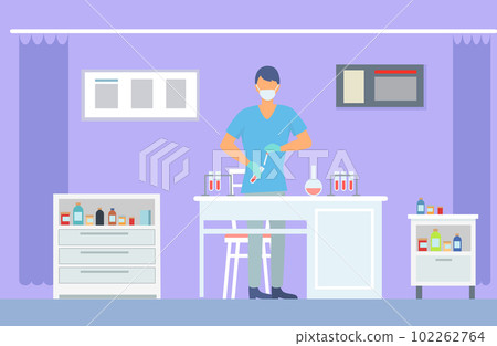 Assistant wearing face mask making laboratory scientific researches, holding flask with liquid 102262764