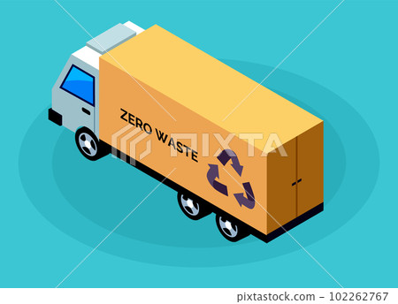 Garbage truck, lorry, automobile with litter bags, zero waste sign, motor vehicle isolated on blue 102262767