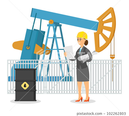 Woman oil worker or engineer in helmet near industry equipment pumpjack and oil barrels 102262803