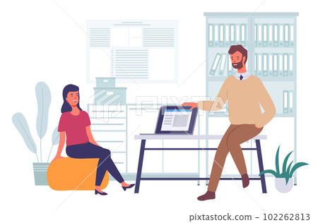 Businessmen dressed in formal clothes are sitting in office room with laptop and talking Businessmen dressed in formal clothes are sitting in office room with laptop and talking 102262813