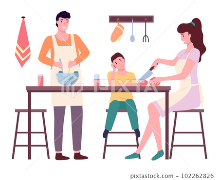 Happy family mom dad and son cooking in kitchen vector illustration. Prepearing family dinner 102262826