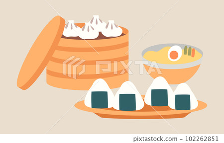 Oriental cuisine dishes vector illustration. Japanese food emblem isolated on a white background 102262851