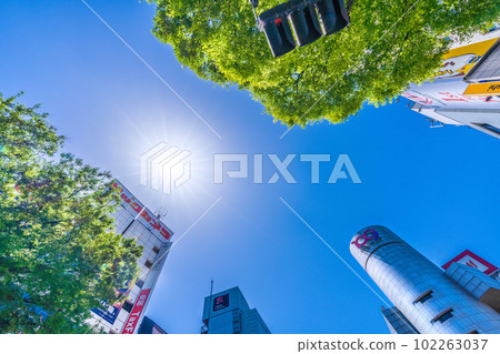 Tokyo cityscape in Japan May. Shibuya 109, etc. shining in the fresh green and dazzling sunlight ... Ultraviolet rays - beware of heat stroke = 2 days 102263037
