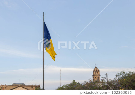 Daytime view of the Templo de San Agustin with flag swinging 102263055