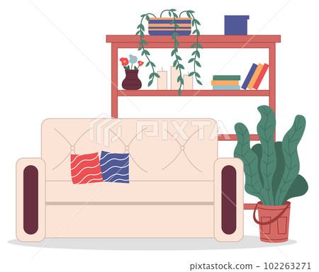 Cozy interior of room at home, comfortable beige sofa with pillows, houseplant, rack with decoration 102263271