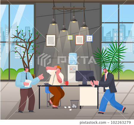 Employee with digital tablet running to table, chaos in office, angry boss swear at worker Employee with digital tablet running to table, chaos in office, angry boss swear at worker 102263279