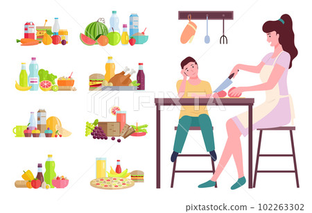 Mother and son cook food. Flat illustration vector family working in the kitchen. Family cooking eat 102263302