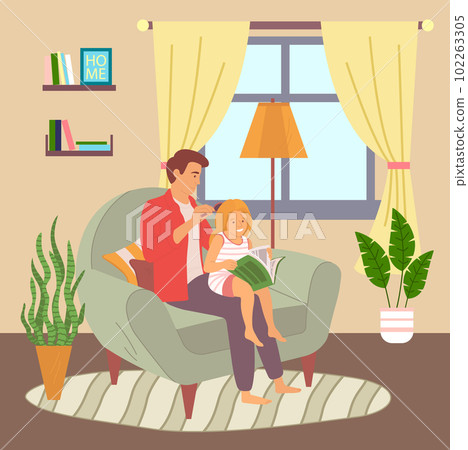 Father and daughter relationships, dad combing daughter s hair, girl sitting on knees reading book 102263305
