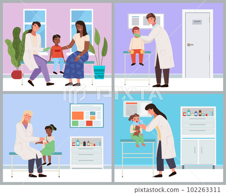 Set of illustrations on the topic of work with patients in medical office. Doctor examines children 102263311