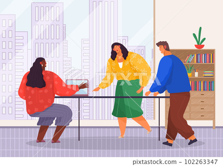 Office workers. Co-workers. Colleagues discuss project teamwork. Office staff work and communication 102263347