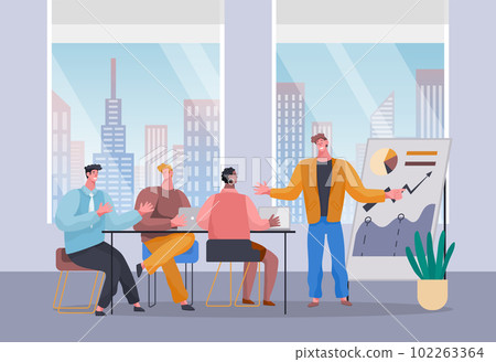 Business people at meeting table discuss strategy. Office desk for team planning and working Business people at meeting table discuss strategy. Office desk for team planning and working 102263364