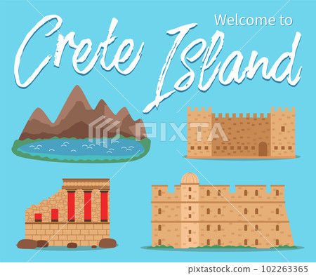 Crete island invitation card vector illustration. Architecture and attractions for tourists Crete island invitation card vector illustration. Architecture and attractions for tourists 102263365
