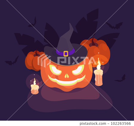 Isometric halloween pumpkin poster. Spooky halloween party pumpkin jack-o-lantern, trick or treat party 3d vector background illustration 102263566