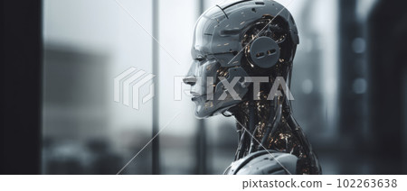Artificial intelligence, robot stands in front of the window and looks at the world thoughtfully. Artificial intelligence, robot stands in front of the window and looks at the world thoughtfully. 102263638