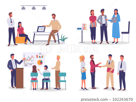 Office workers. Co-workers. Colleagues discuss project teamwork. Office staff work and communication 102263670