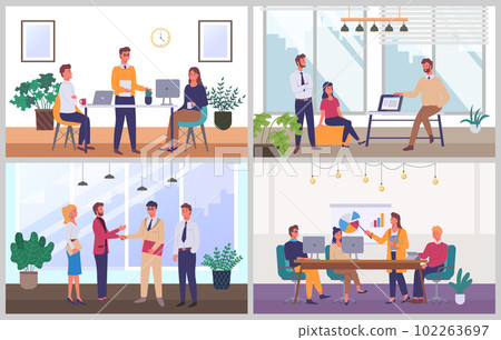 Set of pictures about people in the office. Colleagues at meeting communicate and work on computers 102263697