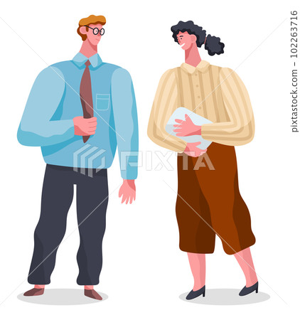 Business people man and woman communicating. Smiling friendly colleagues wearing in formal clothes 102263716