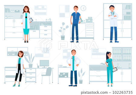 Set of illustrations on preparation of therapists for receiving patient. Doctors with phonendoscopes 102263735
