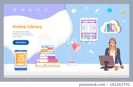 Online library, woman operator using computer, electronic books, e-books, e-library, media books Online library, woman operator using computer, electronic books, e-books, e-library, media books 102263742