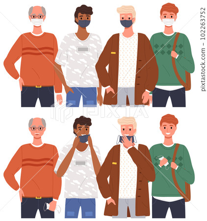 Group of people wearing medical masks. Cartoon characters take off their protective masks and smile Group of people wearing medical masks. Cartoon characters take off their protective masks and smile 102263752