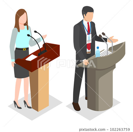 Speakers or presenters on podium. Public presentation or business speech. Conference with reports Speakers or presenters on podium. Public presentation or business speech. Conference with reports 102263759