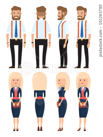 Stylish businesspeople wearing office suits. Businesswomen and businessmen with style office cloth 102263780