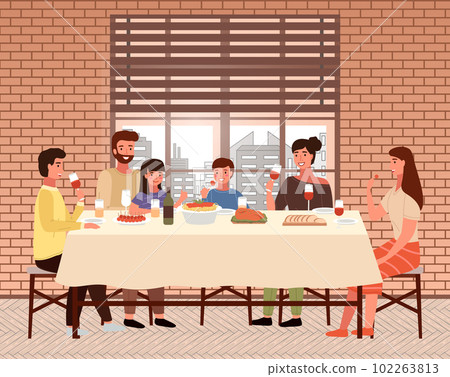 The family dines with food in Italian-style restaurant. Relatives eat traditional dishes in cafe 102263813