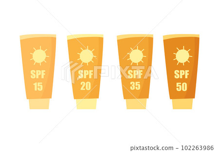 Set of SPF sunscreen creams with different coverage protection. Cartoon orange illustrations. Set of SPF sunscreen creams with different coverage protection. Cartoon orange illustrations. 102263986