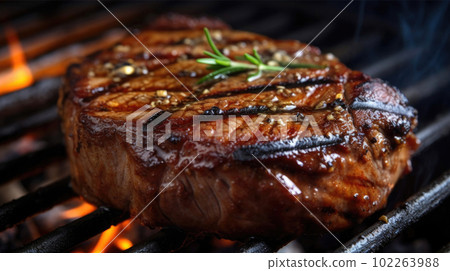 Steak on the grill, in the background you can see the fire slowly smoldering. Ai generated illustration 102263988